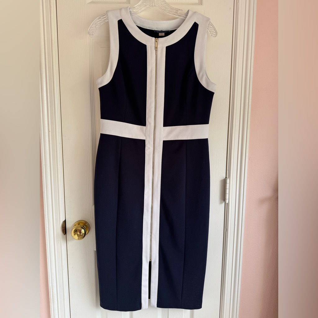 Tommy Hilfiger White And Navy With Blue Gold Zippered Midi Dress